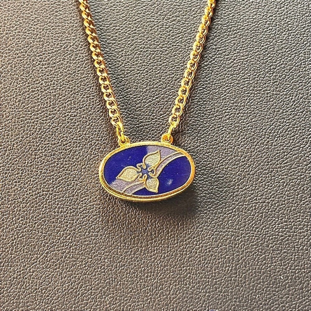 Vintage Cloisonne Enamel Pendant Necklace Blue Gold Tone Floral Boho Statement‎